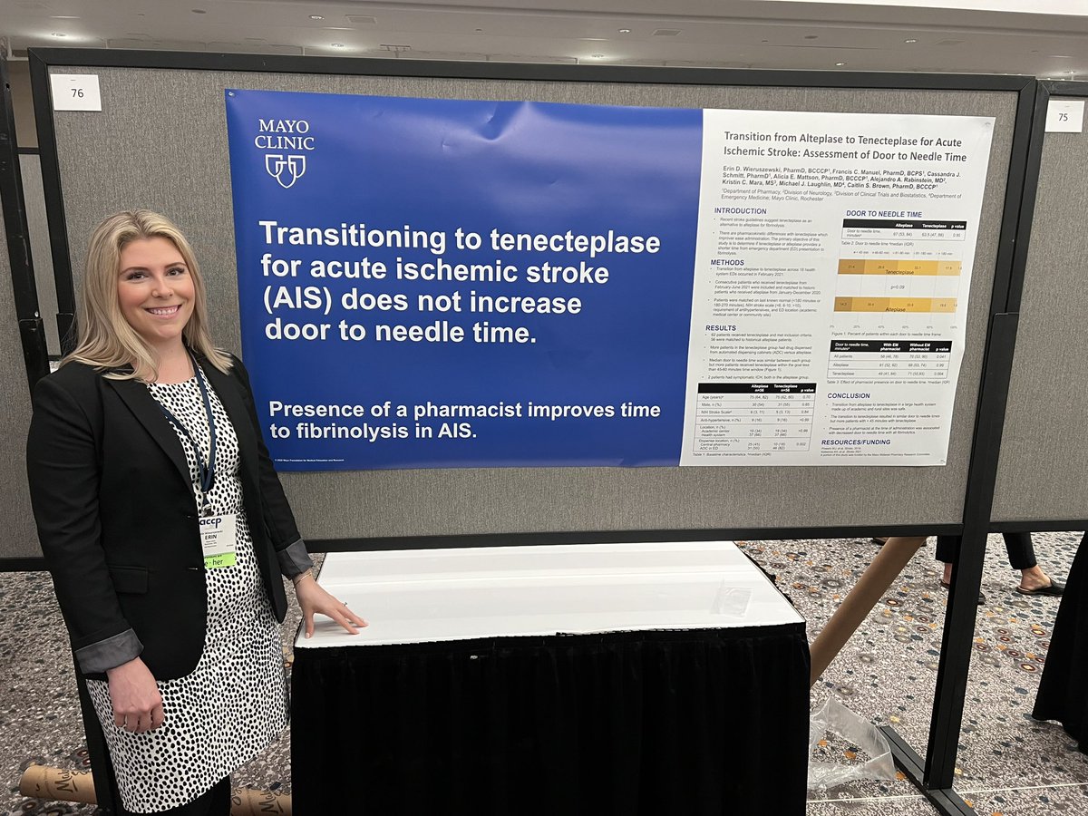Tenecteplase does not change time to fibrinolysis in stroke but having an EM pharmacist does - <a href="/EDWieru/">Erin Wieruszewski</a> sharing her very important work at #ACCPGC22 it was a huge hit! <a href="/ACCP/">ACCP</a> <a href="/accpcritprn/">ACCP CRIT PRN</a> <a href="/accpemedprn/">ACCP EMED PRN</a> @CBthePHARMD <a href="/AM_EM_PharmD/">Alicia Mattson</a> <a href="/cassinetobacter/">Cassie Schmitt, PharmD</a> <a href="/MayoPharmRes/">Mayo Clinic Pharmacy Residency Programs</a> <a href="/mayoclinicemres/">Mayo Clinic EM Residency</a>