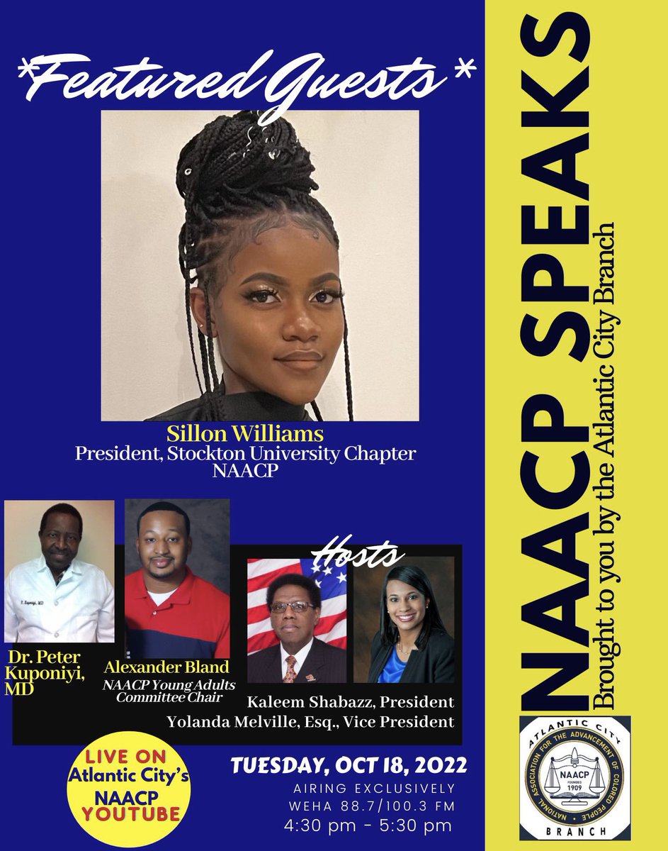 “NAACP SPEAKS" Radio Show
Tuesday, Oct 18, 2022
4:30PM - 5:30PM ET

Stream at radio station: @WEHAVEGOSPEL 88.7 FM &amp; 100.3 FM 

Viewers can also watch on our YOUTUBE! LINK IN BIO — bit.ly/NAACPAtlanticC… 
(Please Subscribe &amp; Share!)