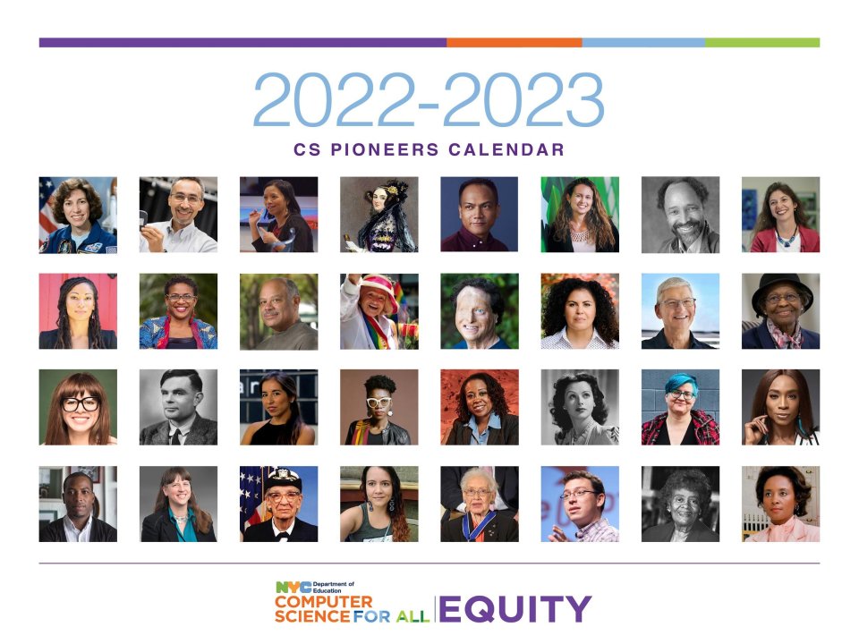 ⚡️ Check out the NEW 22-23 CS PIONEERS CALENDAR and SLIDE DECK. These resources are to be used with #k12 students to celebrate the accomplishments of past and present #CS pioneers, &amp; to highlight the work done by people from historically excluded groups.➡️ bit.ly/3TcBStu