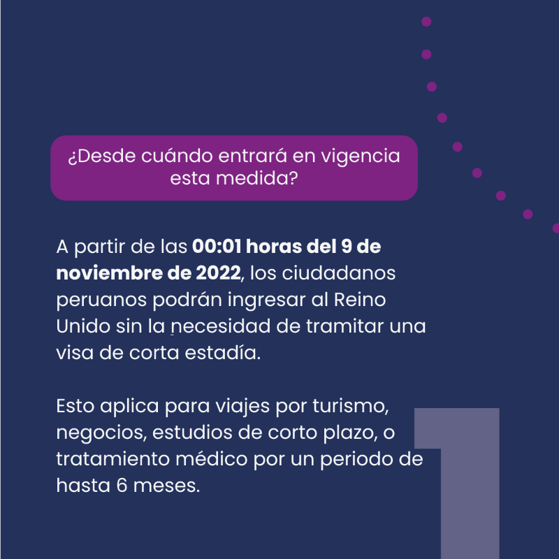 UKinPeru's tweet photo. ¡5 puntos clave para viajar al 🇬🇧 sin visa!
   
A partir del 9 de noviembre, los peruanos podrán visitar el Reino Unido por periodos menores a 6 meses sin tramitar una visa.

¿Qué significa esto? ¿Qué hago si mi visa ya está en trámite?

Estas y otras respuestas aquí 👇