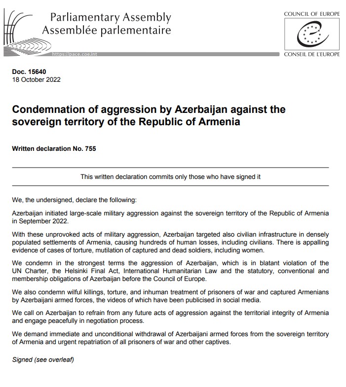 armrepcoe's tweet photo. 🛑Written declaration signed by parliamentarians from all #PACE Political Groups demands immediate and unconditional withdrawal of #Azerbaijan'i armed forces from the sovereign territory of #Armenia and urgent repatriation of all Armenian POWs
#StopAzerbaijaniAggression https://t.co/D5ibpemY9V