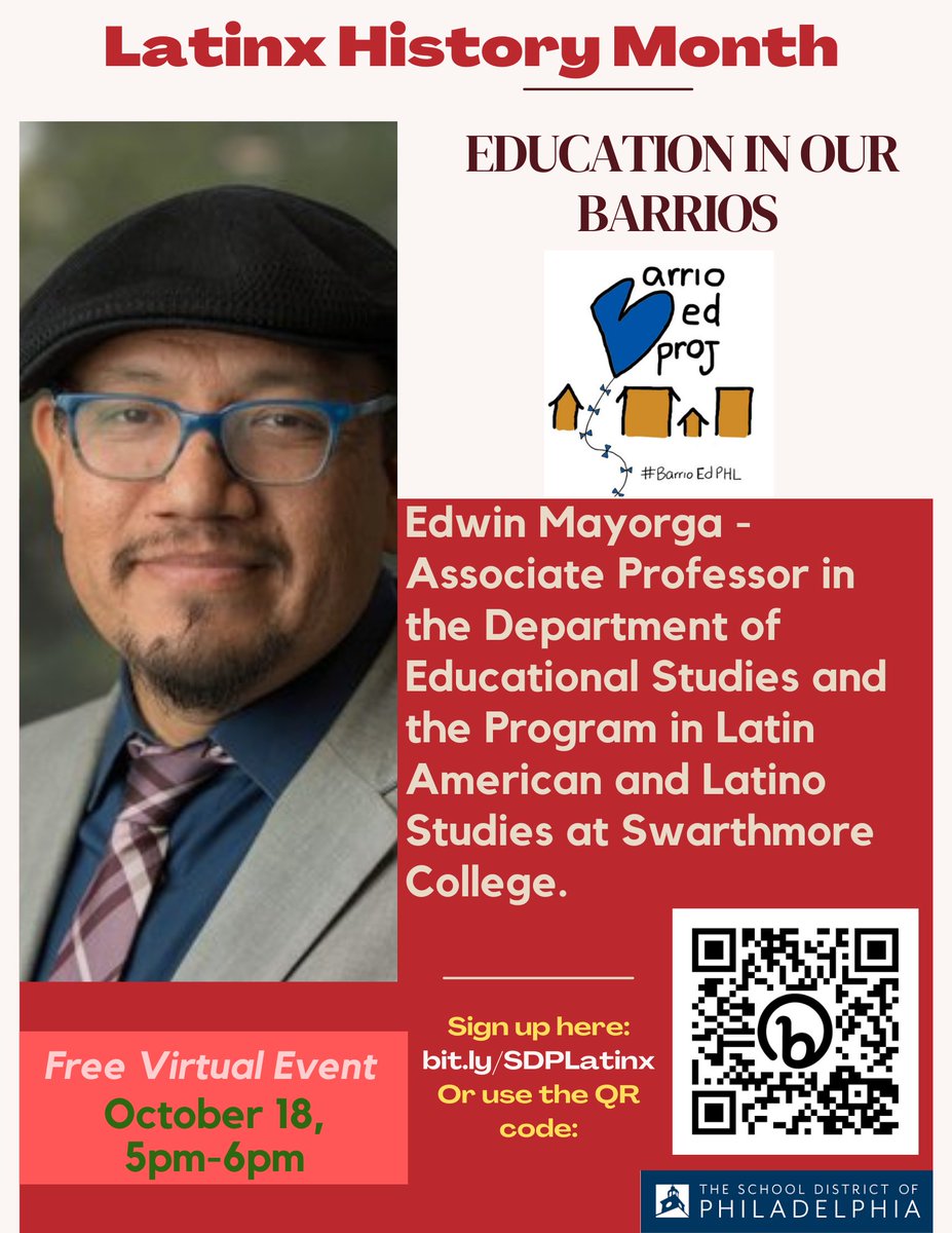 Teacherishx's tweet photo. Join us virtually tonight(10/18) as we wax philosophical about Latinx identity, education, and schooling with @eimayorga for the final session of the Latinx History Month Speaker Series in recognition of #HispanicHeritageMonth. Register at https://t.co/85q4tOXnnJ https://t.co/D5y9bMV3VJ