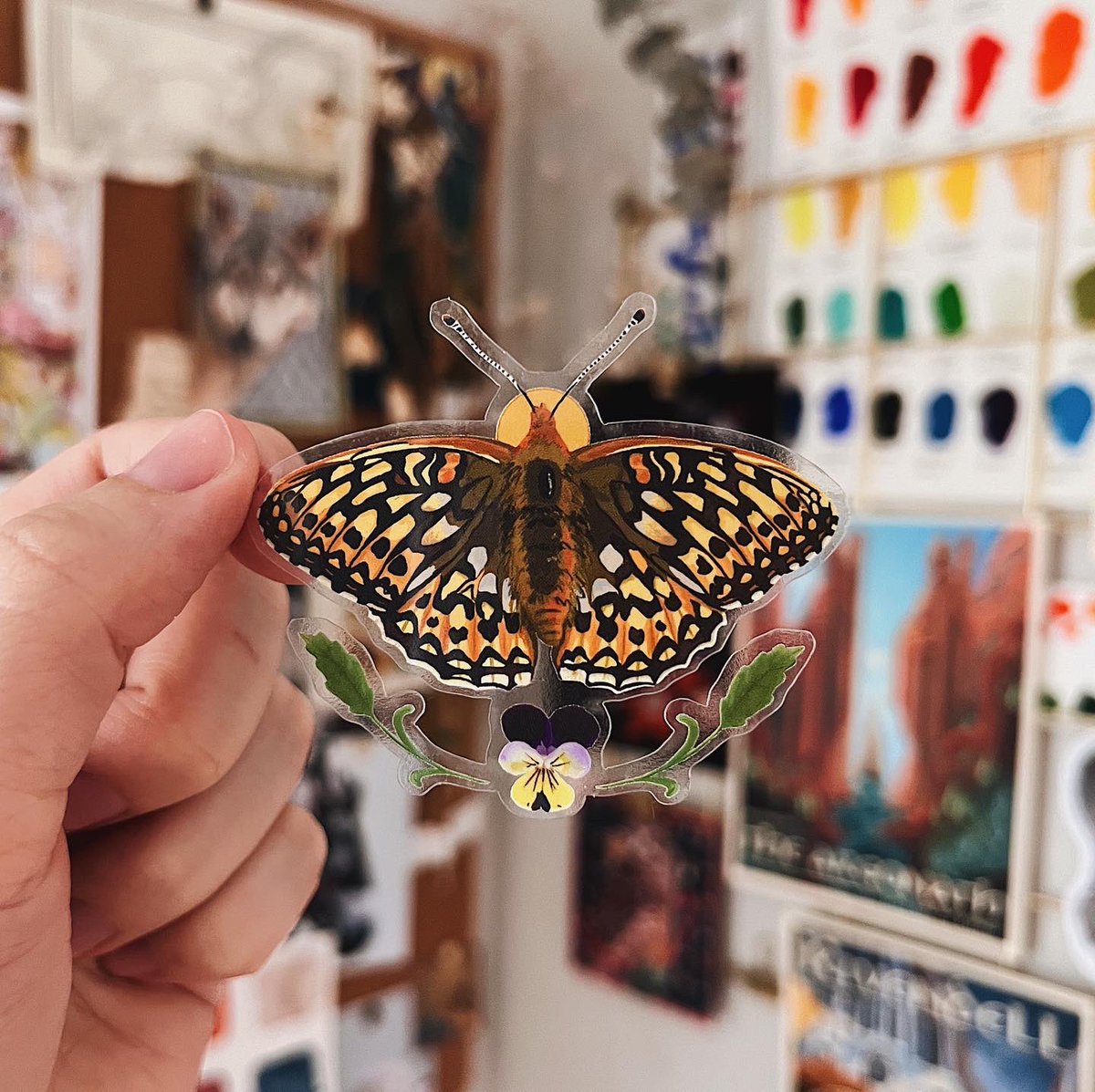 Introducing the fourth transparent sticker in my butterfly and host plant series! The Callippe Silverspot Butterfly with “Johnny Jump Up” aka Wild Pansy! Available this Friday! 🦋

Etsy.com/shop/JulieKArt