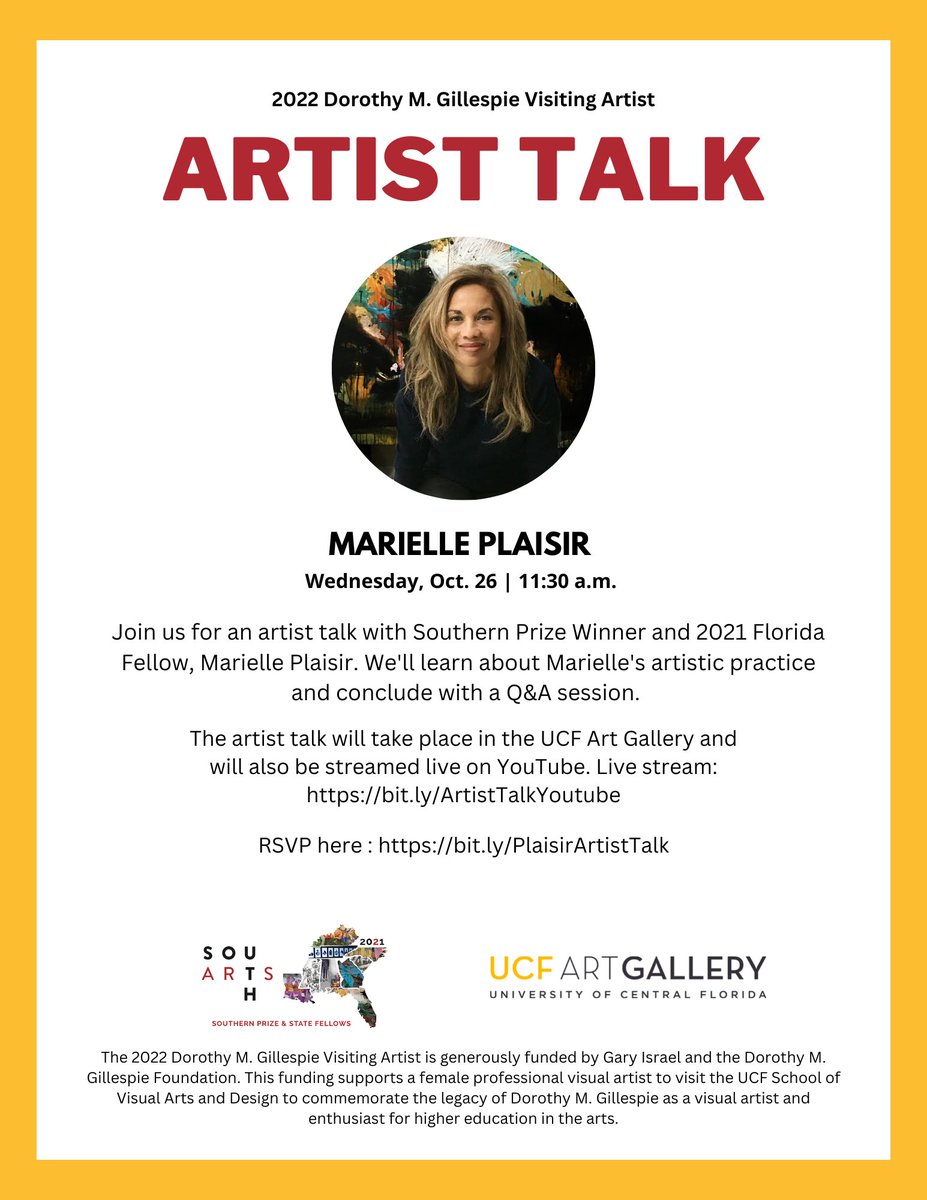 UCFGallery's tweet photo. ✨ ARTIST TALK ✨

Join us in person or live stream via youtube to hear South Arts featured artist Marielle Plaisir talk about her work!

Wednesday Oct. 26 at 11:30 am at the UCF Art Gallery

Tickets: https://t.co/CyidgN0SGD
Livestream: https://t.co/4RB99VnrED https://t.co/W7G640JBkK