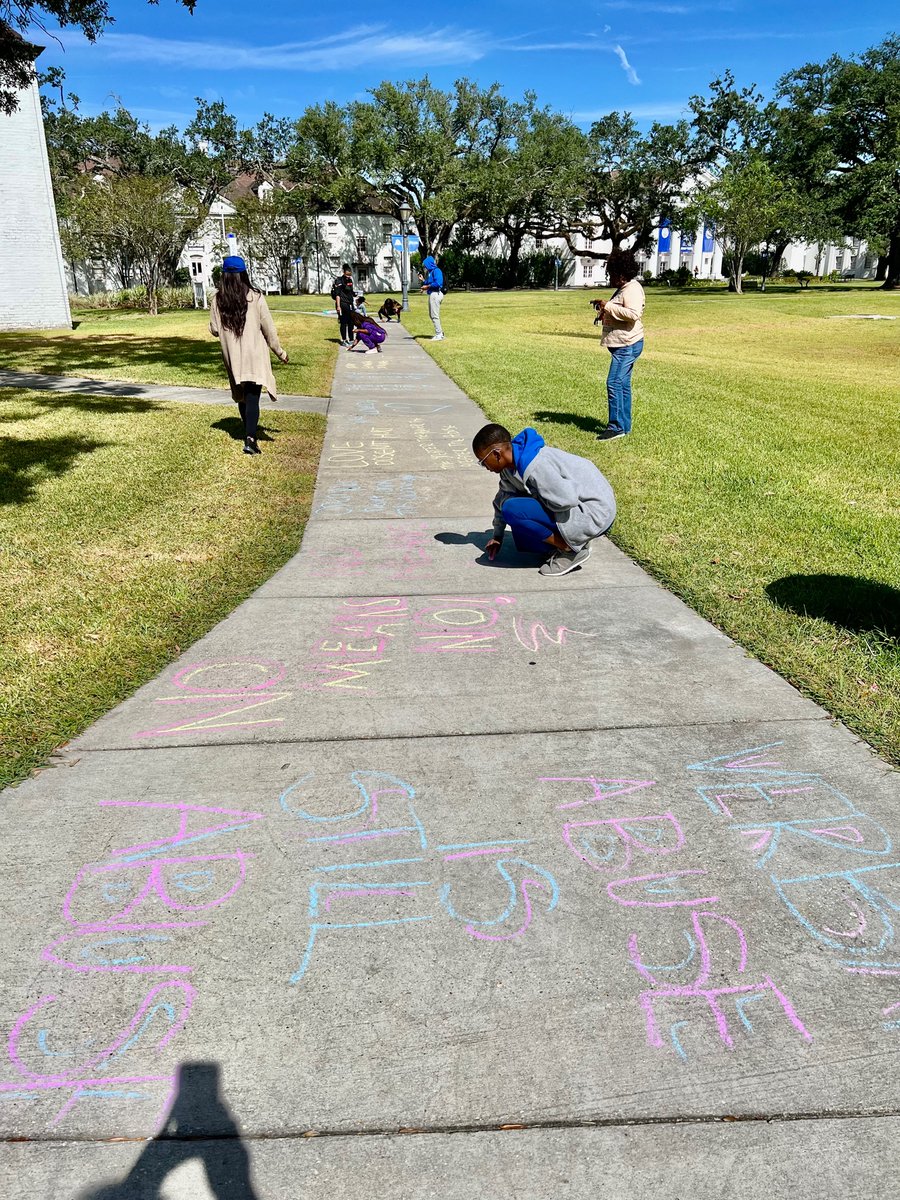 Dillard University Social Work &amp; Psychology Students Chalking the Walk Against Domestic Violence!   We will rally to TBTN tonight at the Loyola U 5:45 pm. Thanks Ms. Edinburgh! <a href="/du1869/">Dillard University</a> <a href="/Drbullard/">Dr. Roland Bullard</a> @rocford <a href="/Profbigdawg/">Blair Condoll</a> <a href="/stevebuddington/">Steve Buddington</a> <a href="/LawrenceWeberJ1/">Lawrence Weber Jr</a>