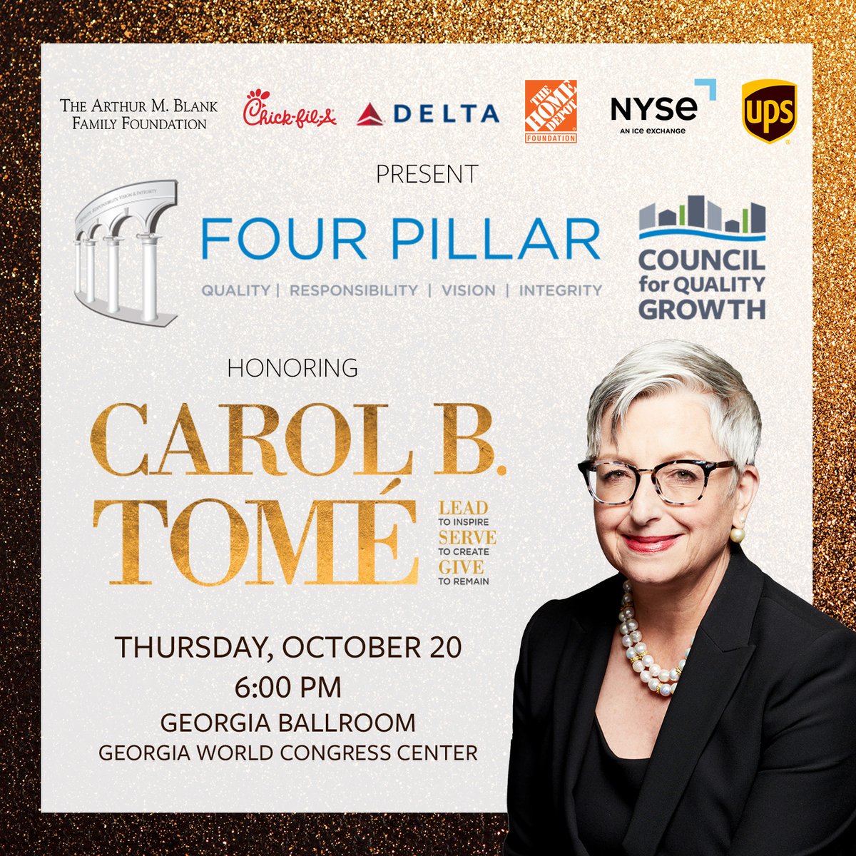 QualityGrowth's tweet photo. It's #FourPillar week! The Council for Quality Growth is honored to recognize Carol B. Tomé, CEO of @UPS, for her extensive list of contributions to our region this Thursday, October 20th at the GWCC with the 33rd Four Pillar Award. https://t.co/wGsaqsAE15