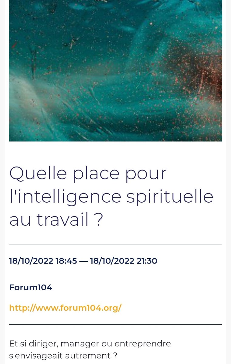 Ce soir a lieu la conférence "quelle place pour l'intelligence spirituelle au travail" co-organisée par <a href="/fondaciofrance/">Fondacio France</a> <a href="/LeadersEclaires/">Communauté des Leaders Éclairés</a> <a href="/EntrepreneurAv/">Entrepreneurs d'avenir 🌱</a>, le Forum 104, le club spiritualitéS HEC Alumni, &amp; Entrepreneurs et Dirigeants Chrétiens.
#spiritualité #management <a href="/HECAlumni/">HEC Alumni</a>