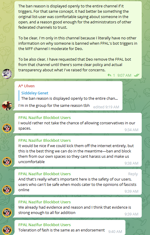 SergalProjects's tweet photo. PSA, Telegram furry group admins; Highly recommend *removing* FPAL's "Nazifur Blockbot" from your groups.
 
I was just banned from their support group for raising concerns regarding 'ban by association'. https://t.co/1KyiSc1fHP
