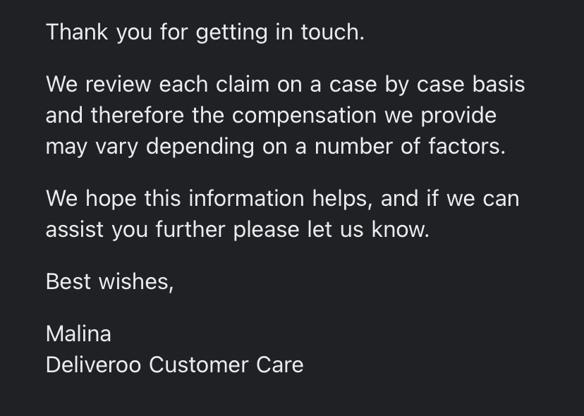 76benn's tweet photo. @DeliverooHelp @Deliveroo #deliveroo can you explain why I received a part order with more than one item missing, I received a refund for £1.60, significantly less than the cost, then to make things worse when flagging it to your customer services received the following? https://t.co/0Dm1OJ8xg0