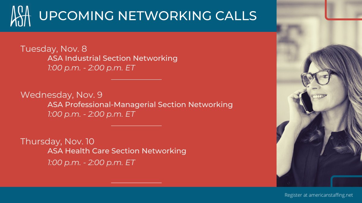 StaffingTweets's tweet image. ASA invites you to attend sector-specific networking calls to discuss top-of-mind challenges and solutions with your industry peers. These virtual networking calls are facilitated by volunteers like you. See below for upcoming calls, and register today on our website!