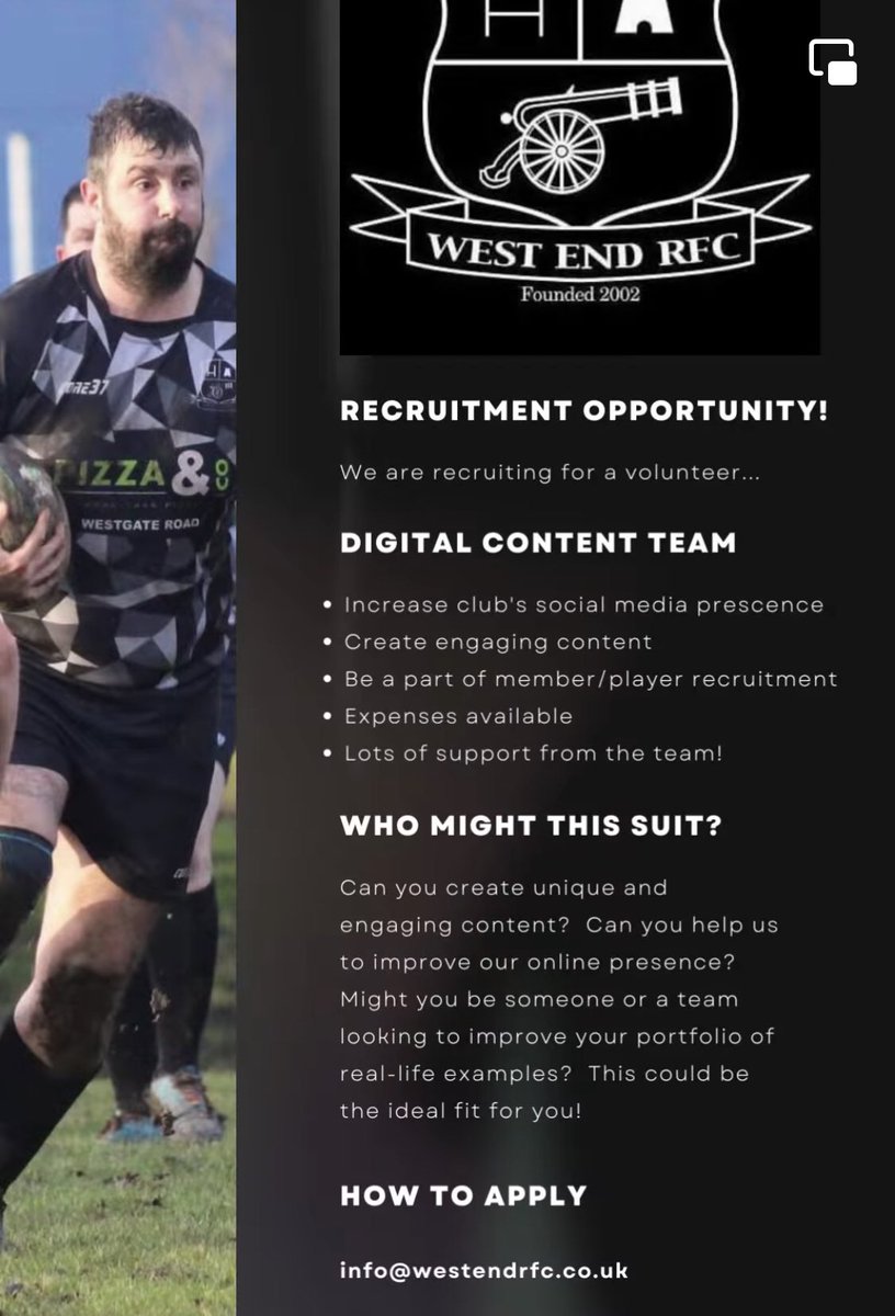 RFUNorthClubSup's tweet photo. @WestEndRFC are recruiting.  Are you looking to improve your portfolio?  Are you someone who is creative and wants to put your mark in a digital space? Get in touch!  Either DM us or use email on advert #HowayWest #Volunteering #WorkExperience 

RT’s Appreciated 🙏🏼 https://t.co/7kA5PJ4p7U