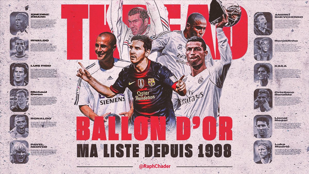 RaphChader's tweet photo. THREAD : Ballon d’Or : ma liste depuis 1998 ! 

Le trophée individuel le plus prisé du football moderne est de plus en plus controversé.

J’ai décidé de faire un Thread du joueur le plus légitime à remporter le Ballon d’Or sur chaque édition depuis 1998 

RT, likes appréciés ! ⬇️ https://t.co/lGjlgVxVa4