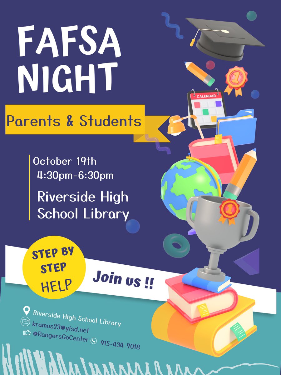 RangersGoCenter's tweet photo. Seniors, Bring your parents to FAFSA Night! Let's get this done together! ๐ช #riverside4ever #FAFSANight #THEDISTRICT
@Mrs_Flores_RHS @MaribelMguillen @YsletaISD https://t.co/bQrGwlJ579
