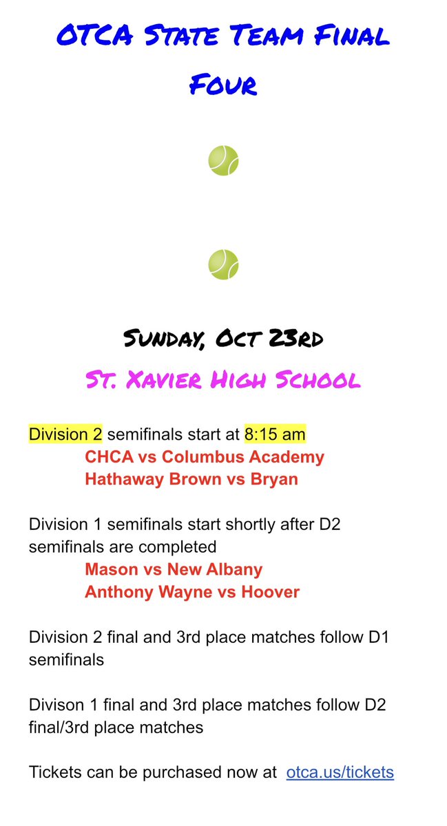 GCTCATennis's tweet photo. The @YourOTCA final four for D1 and D2 will be played this Sunday at St. Xavier High School! https://t.co/vVFQPzB3U0