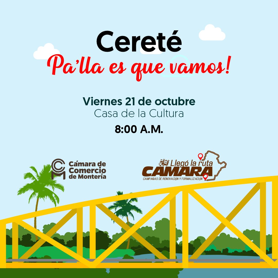 ccmonteria's tweet photo. ¡Llega la ruta Cámara al municipio de Cereté!
.
.
.
.
Campañas de información, formación empresarial y asesorías en tu municipio
Próximamente, viernes 21 de octubre de 2022
Casa de la Cultura
Hora: 8:00 a.m. https://t.co/Vykwv9XFNc