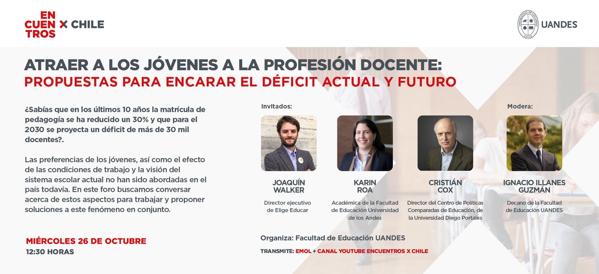 EncuentrosxCL's tweet photo. Agéndalo: 26 de octubre a las 12:30
En este nuevo #EncuentrosXChile conversaremos sobre cómo atraer a los jóvenes a la profesión docente: propuestas para encarar el déficit actual y futuro. Inscríbete aquí: https://t.co/3R12aNNYAK https://t.co/qz4wKrs6K5