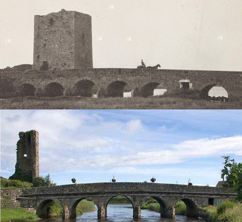 The castle and bridge of Doonbeg, Co. Clare. The photos are taken 115 years apart. The castle has dramatically reduced in that time. Older photo credit: @NLIreland
