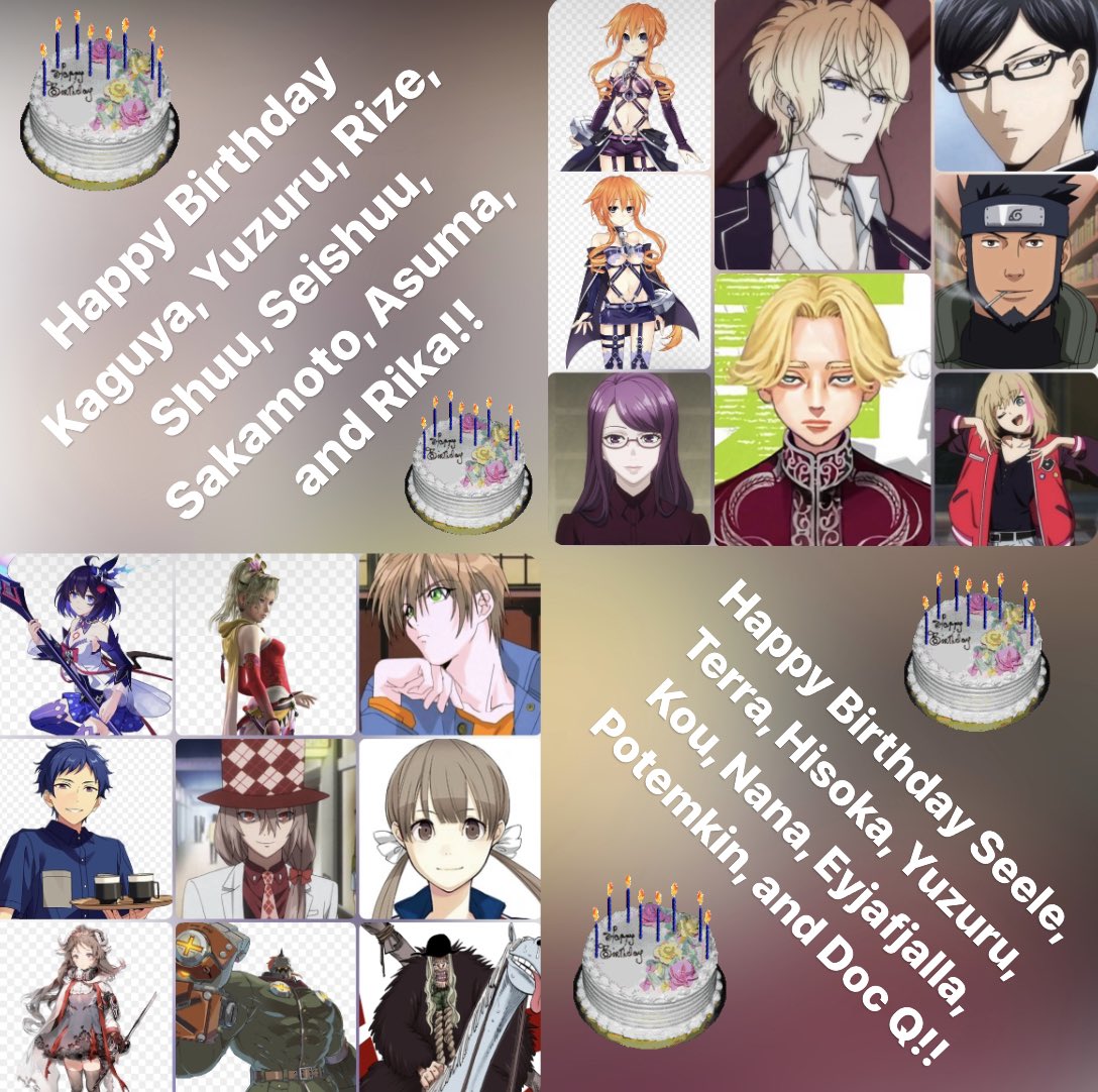 BlueWolfPuppy's tweet photo. Happy Birthday to all these lovely characters today🎂🎂
#datealiveii #TokyoGhoul #diaboliklovershaunteddarkbridal #TokyoRevengers #haventyouheardimsakamoto #naruto #wondereggpriority #HonkaiImpact3rd #FinalFantasyVI #descendantsofdarkness #EnsembleStars #striketheblood #Arknigths https://t.co/hUXVcqcN0w