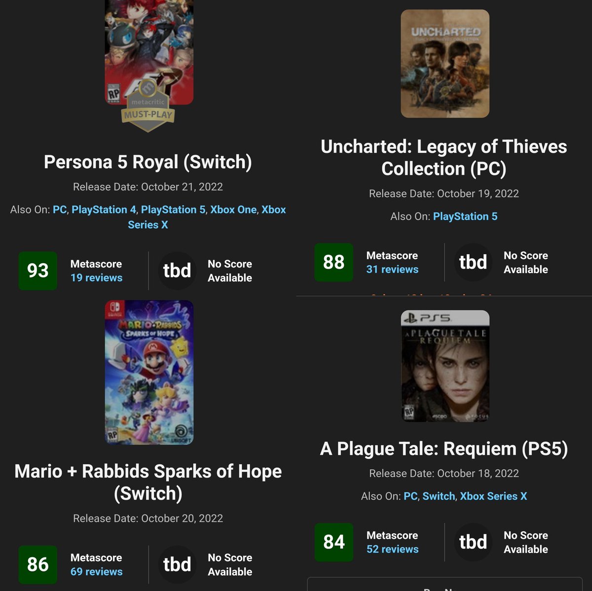 Benji-Sales on X: Heck of a week for new releases Metacritic (platform  score range) • Persona 5 Royal: 93-97 • Uncharted Legacy of Thieves PC: 88  • Mario + Rabbids Sparks of