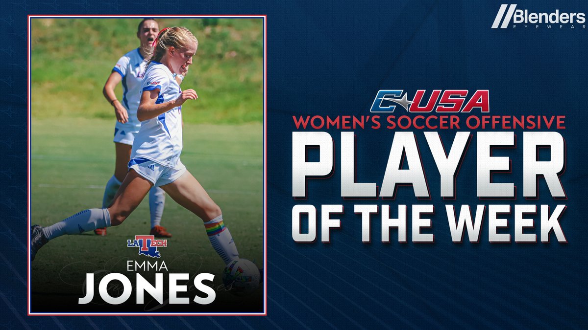 ConferenceUSA's tweet photo. ⚽️ 𝗣𝗹𝗮𝘆𝗲𝗿 𝗼𝗳 𝘁𝗵𝗲 𝗪𝗲𝗲𝗸 ⚽️

@LATechSOC’s Emma Jones (@emmmajones10) is the #CUSAWSOC Offensive Player of the Week presented by @BlendersEyewear!

🏅1️⃣ | https://t.co/6tGTl1gHLm https://t.co/ABQoXJ0QIW