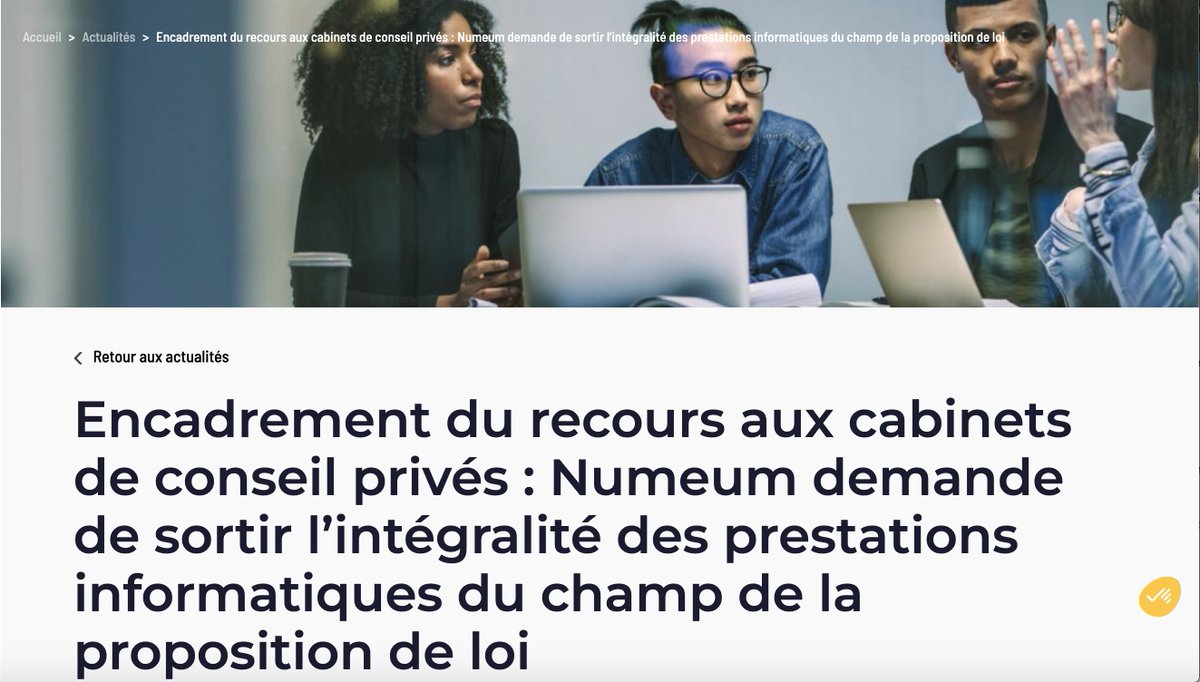 [PPL cabinets de conseil] Numeum demande à sortir l’intégralité des prestations informatiques du dispositif pour ne pas entraver le processus de transformation numérique de l’Etat.

👉 Retrouvez notre position :

bit.ly/3EP028Y
