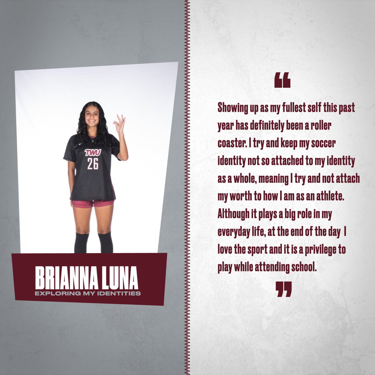 Hear from Brianna Luna from <a href="/TWU_Soccer/">TWU Soccer</a> on how she keeps her soccer identity and self identity separate! #ncaainclusion