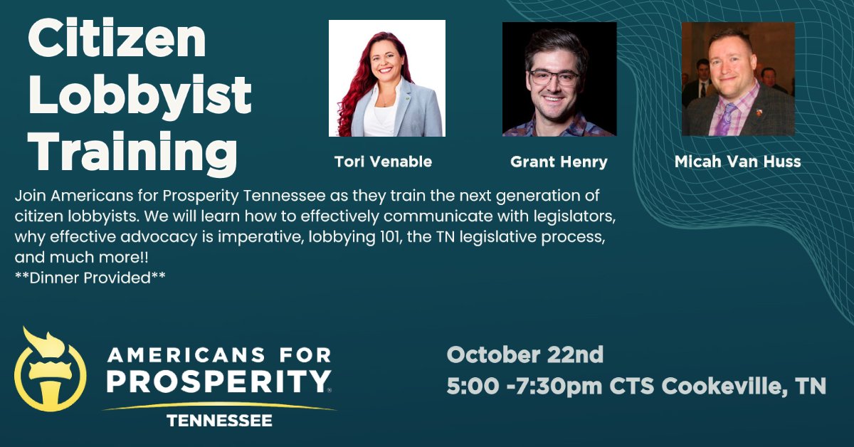 This Saturday!!! Come and learn how to effectively communicate with legislators, why effective advocacy is imperative, lobbying 101, the TN legislative process, and much more!! americansforprosperity.actcentr.com/Events/afp-tn-…