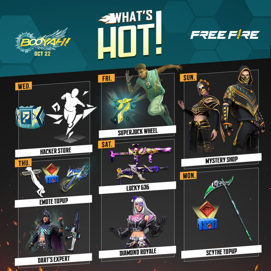 Garena Free Fire North America on X: 🔥📕WEEKLY SCHEDULE TIME📕🔥 What's  🔥 in #FreeFire this week: New emotes arrive through the Hacker Store and  Emote Topup, the Underworld Wrecker and Liberty Superjock