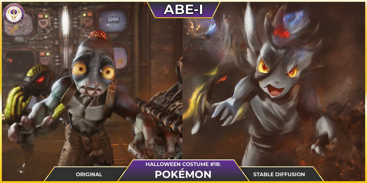 OddworldInc's tweet photo. Day 18 of #Abei
Abe’s 18th #Halloween costume is a little cuter than most of the others. If he was a Pokémon, what do you think his name and type would be?
@stabilityai #madewithstablediffusion #aiartcommunity #Halloweencostume #Pokémon #Nintendo @NintendoAmerica @Pokemon https://t.co/sgkXV7bpqx