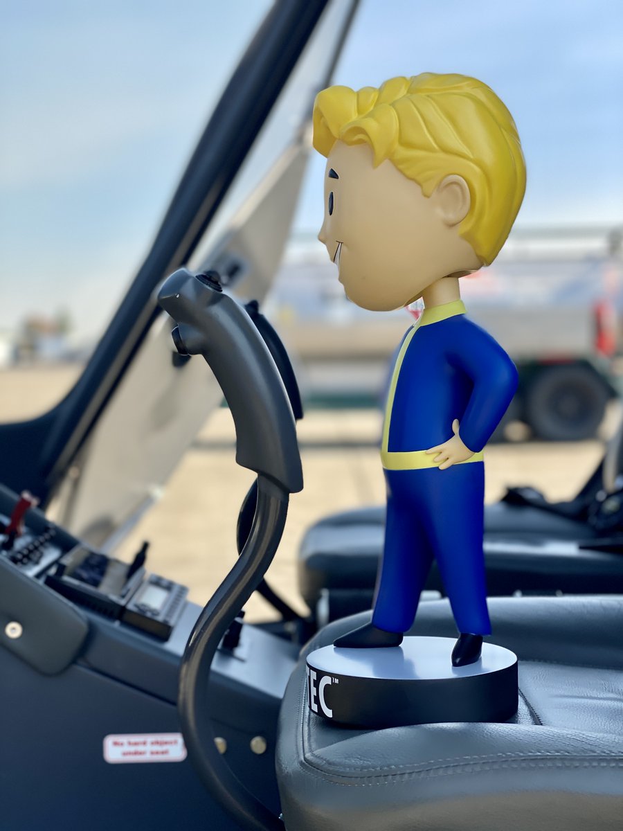 Clear weather? Check! ☑️ New helicopter? Check! ☑️ Vault Boy took to the skies on his latest adventure with the @MSFSofficial team today! Sometimes it feels great to get out of the Vault for awhile. Cheers to our friends at @BethesdaStudios for their #Fallout25 Anniversary!