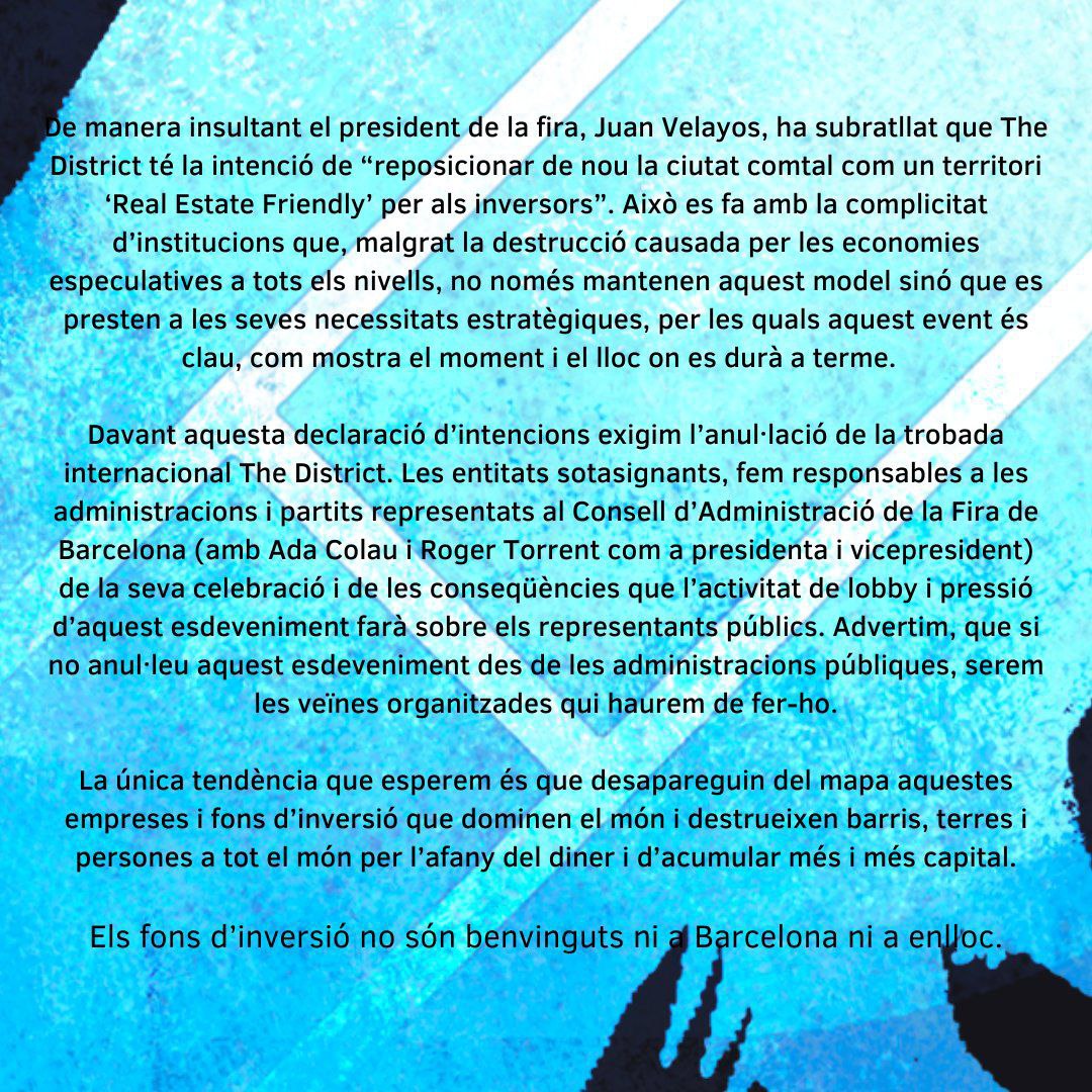 escolabordeta's tweet photo. Ens hem organitzat per fer-los fora, perquè ells ens expulsen del territori i les ciutats que habitem, on sobrevivim malgrat tot.
Exigim l'aturada d'aquesta trobada, que vol reposicionar la #marcabcn
Ens convoquem a totes a plantar-los cara. No son benvinguts! #NoaTheDistrict https://t.co/f40frxlbIn