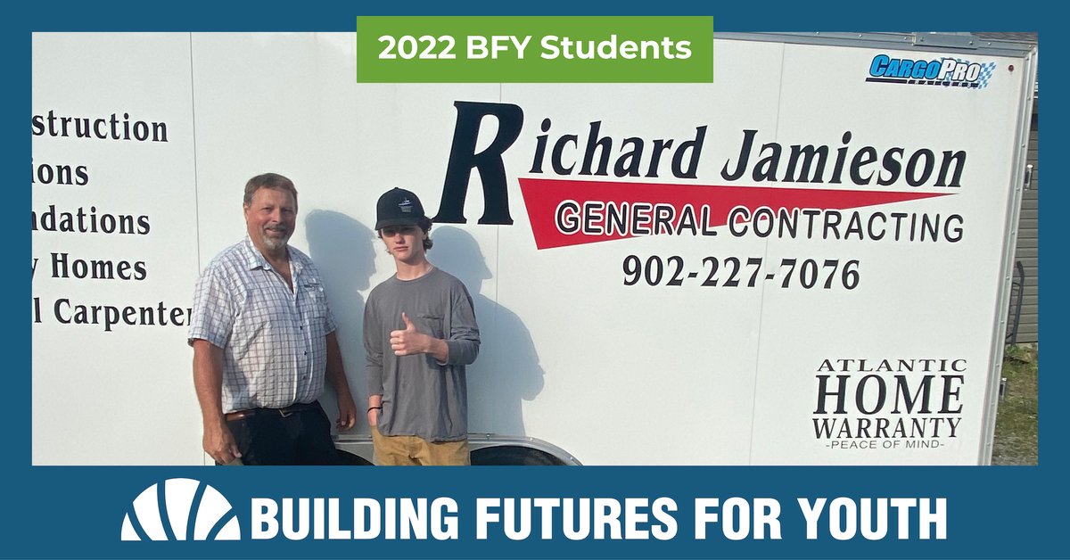 Our #BFYStudents gain invaluable knowledge from their Host Employers each summer as they work through 200+ hours in construction.  Pictured here is Campbell and his mentor from RA Jamieson Contracting.
