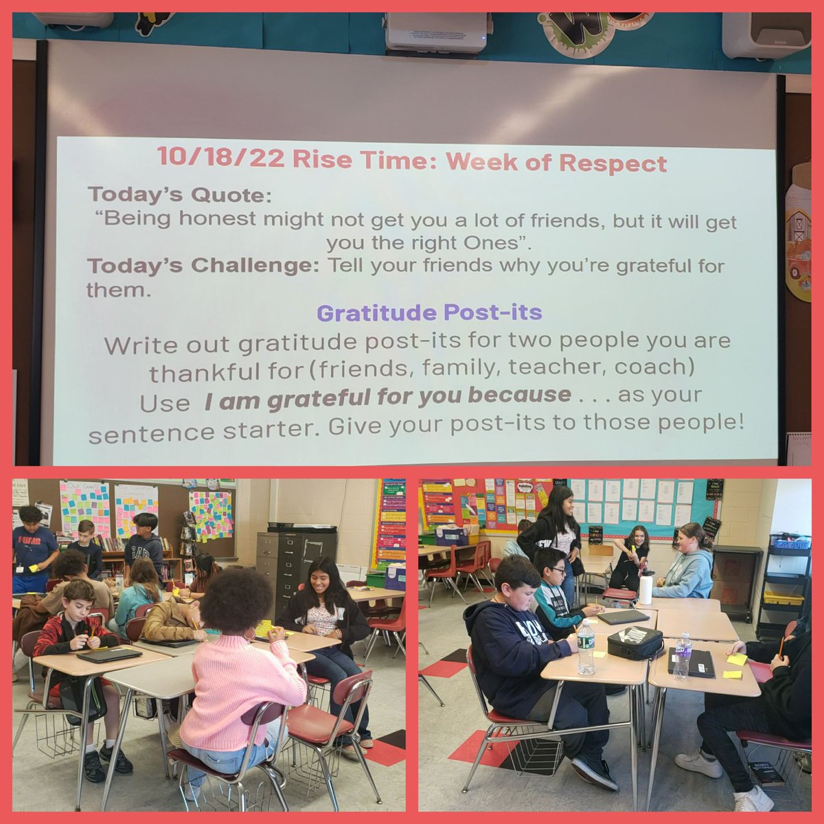 Celebrating KCS #WeekofRespect by writing gratitude post-its during Rise Time. ❤🖤🤍 #kcspride #ResponsiveClassroom #6thGrade