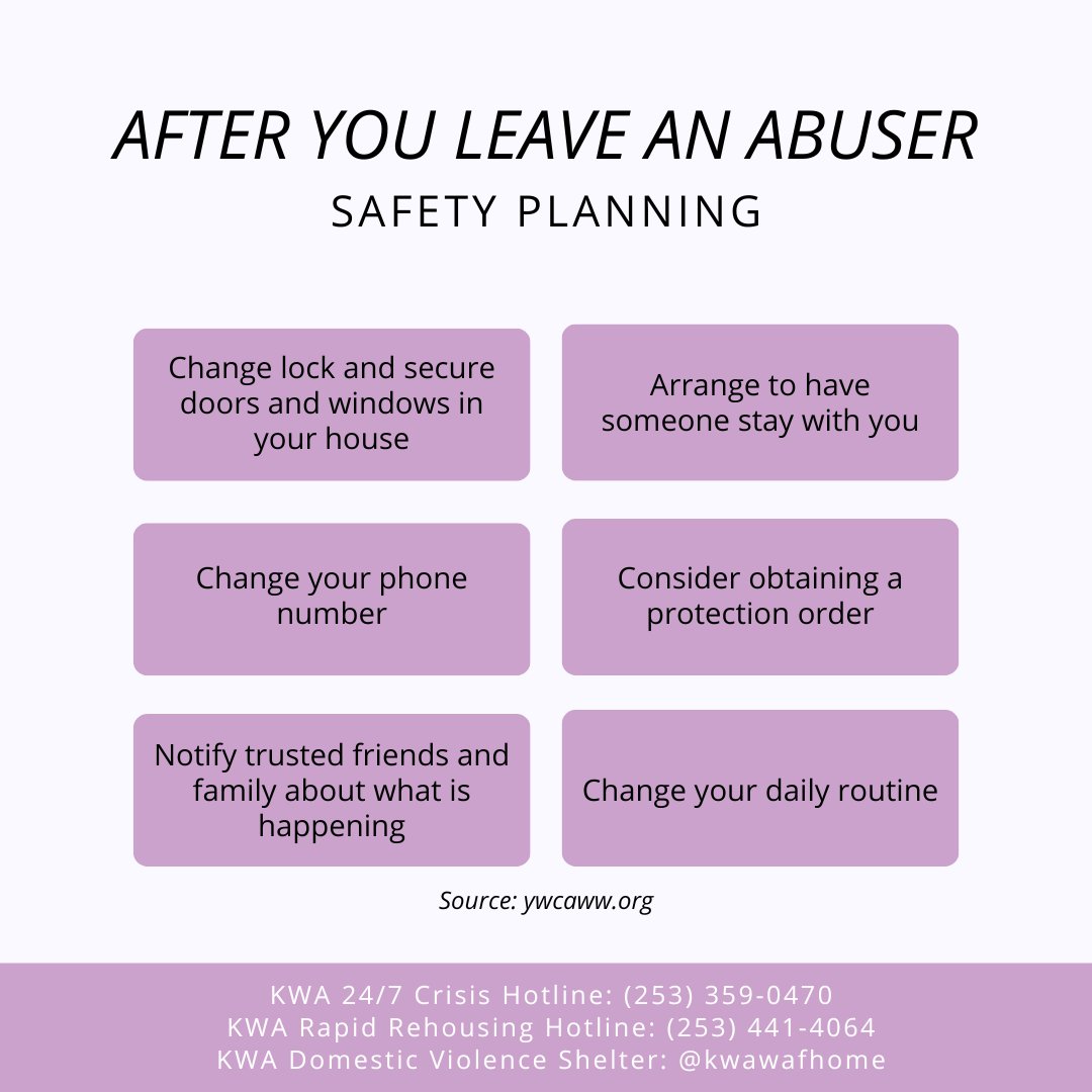 KWACares's tweet photo. During an incident, get out if you can and call 9-1-1. If you can, take important items and avoid certain rooms. After you leave, change locks, secure doors and windows, and notify friends. Create a personalized safety plan here: https://t.co/1ZskVUjzK4 https://t.co/NTfFenzNdu