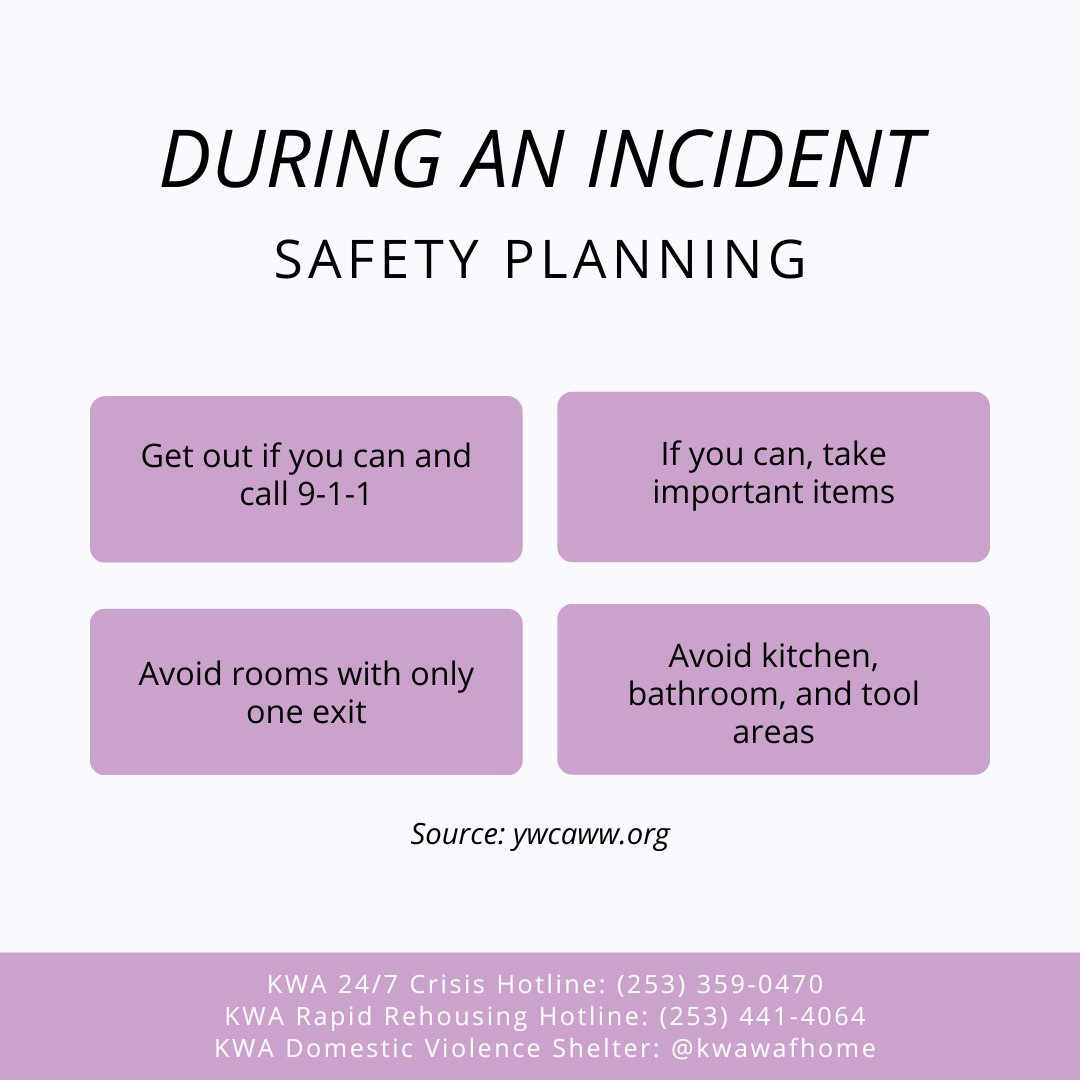 KWACares's tweet photo. During an incident, get out if you can and call 9-1-1. If you can, take important items and avoid certain rooms. After you leave, change locks, secure doors and windows, and notify friends. Create a personalized safety plan here: https://t.co/1ZskVUjzK4 https://t.co/NTfFenzNdu