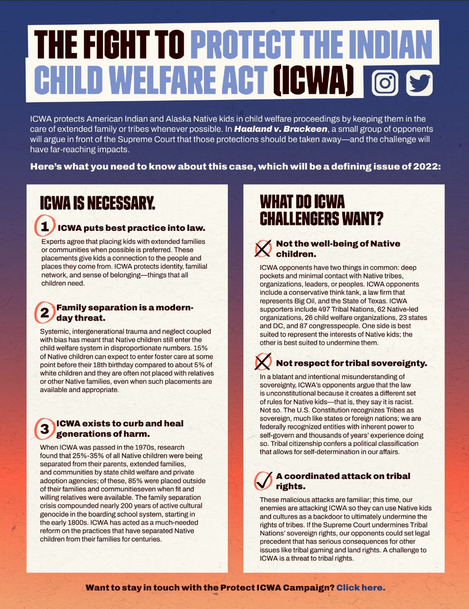 meyermt's tweet photo. View and download the one-pager on the Indian Child Welfare Act to learn more about the upcoming U.S. Surpreme Court case. #protecticwa
https://t.co/0jhzPngejN https://t.co/PGOectbexz
