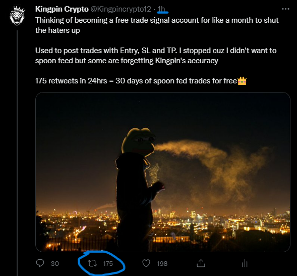 Kingpincrypto12's tweet photo. Crazy to think how big I have gotten... I remember when getting 30 re tweets was hard lol

I knew this was a realistic goal and that we should hit it easily but i thought cuz of my inactivity it would at least take half a day... NOPE 1hr lmao

Nov 1st - Nov 30th 🤝 https://t.co/qPL8wsh99Y