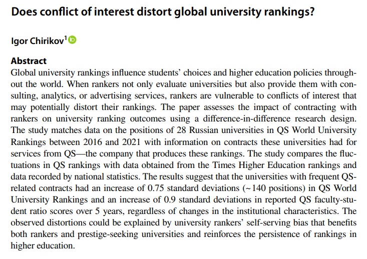 College rankings may be distorted by the business activities of the ranker, including selling consulting and analytics to universities. See some evidence in my new paper published in Higher Education. A thread (1/9). 
doi.org/10.1007/s10734…

#AcademicTwitter #HigherED #Rankings