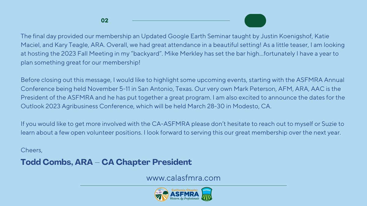 calasfmra's tweet photo. Check out the first message from the new California Chapter President, Todd Combs, ARA!
#calasfmra #asfmra #agriculture #californiaagriculture #ag #california #agproud #farmer #aglandpros #agstudent #aged #ranchers #agribusiness #farmmanager #appraiser #agrealestate #nevadaag https://t.co/8P3wkSJPqV