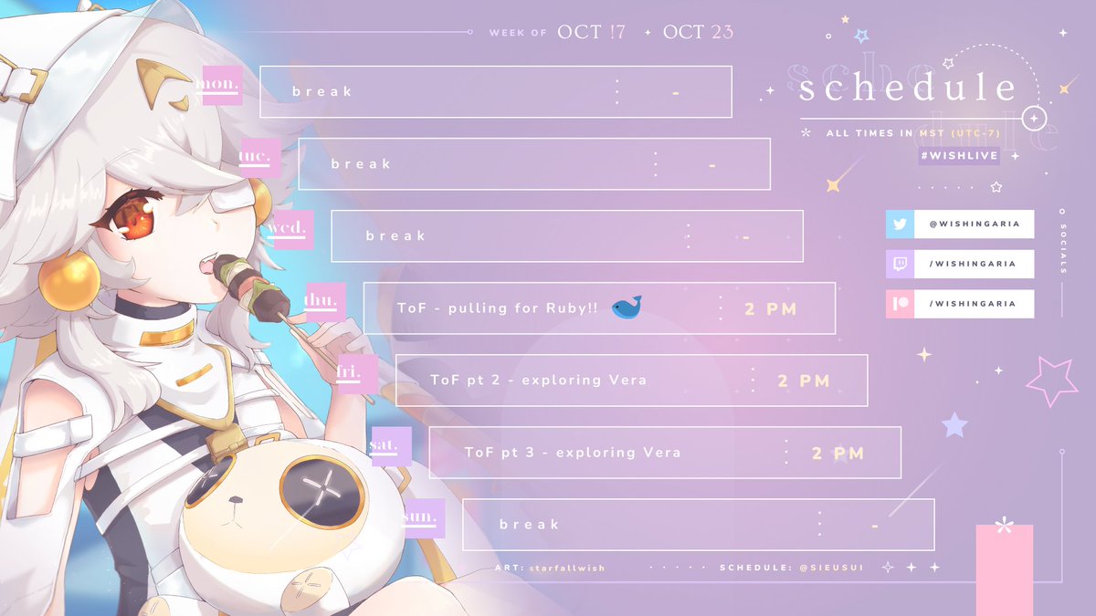 WishingAria's tweet photo. Schedule 『 Oct 17 - Oct 23 』✨#wishlive
I simply play the new ToF update all weekend 😃listed times are more like suggestions because my sleep schedule is a mess https://t.co/brQLAHi3f2