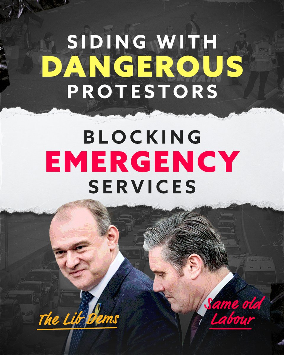 🚨 Labour & Lib Dems voted against our Public Order Bill to stop dangerous protest tactics. 🚧 They have once again sided with disruptive protestors blocking roads and emergency services.
