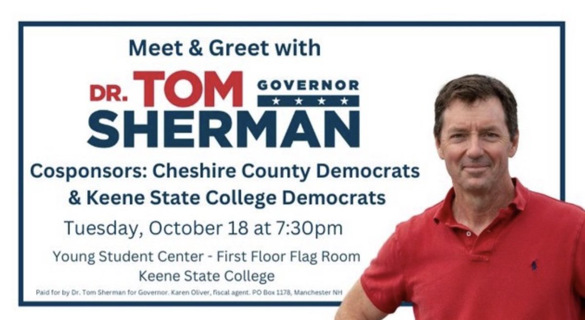 KSCDemocrats's tweet photo. Very excited to share that @TomShermanNH will be visiting Keene State today for a town hall discussion! Come join us at 7:30pm in the Student Center Flag Room! 🗳️ #NHPolitics #NHDemocrats https://t.co/nXDqueCMSK