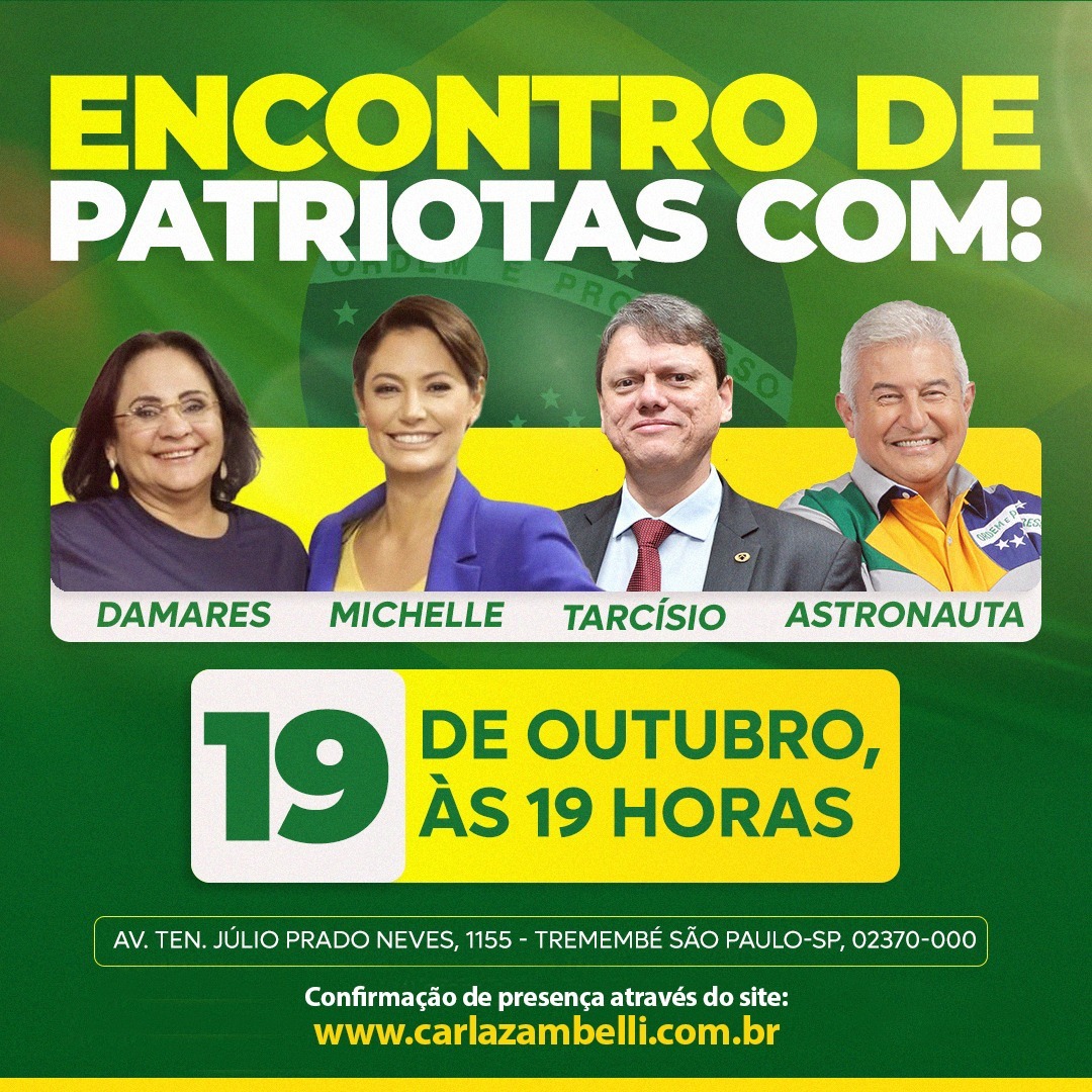 Nesta quarta-feira (19), três grandes encontros com nossa querida primeira dama Michelle Bolsonaro acontecerão em São Paulo, e você tem a chance de participar! Para saber mais e marcar presença, cadastre-se pelo site carlazambelli.com.br =)

#Bolsonaro22 #Tarcísio10