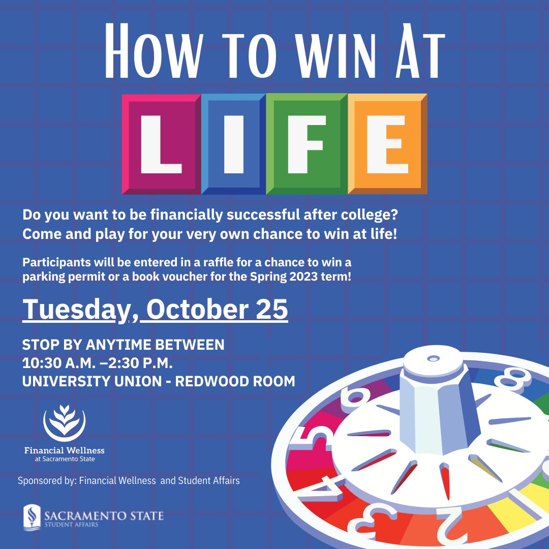 Hey Hornets! Ready to learn how to win at life financially? Join us next Tuesday for your very own chance to win!

🏆 Participate for a chance to win a parking permit or a book voucher for the Spring 2023 terms!

#sacstate #financialwellness #sacramentostate  #financialeducation
