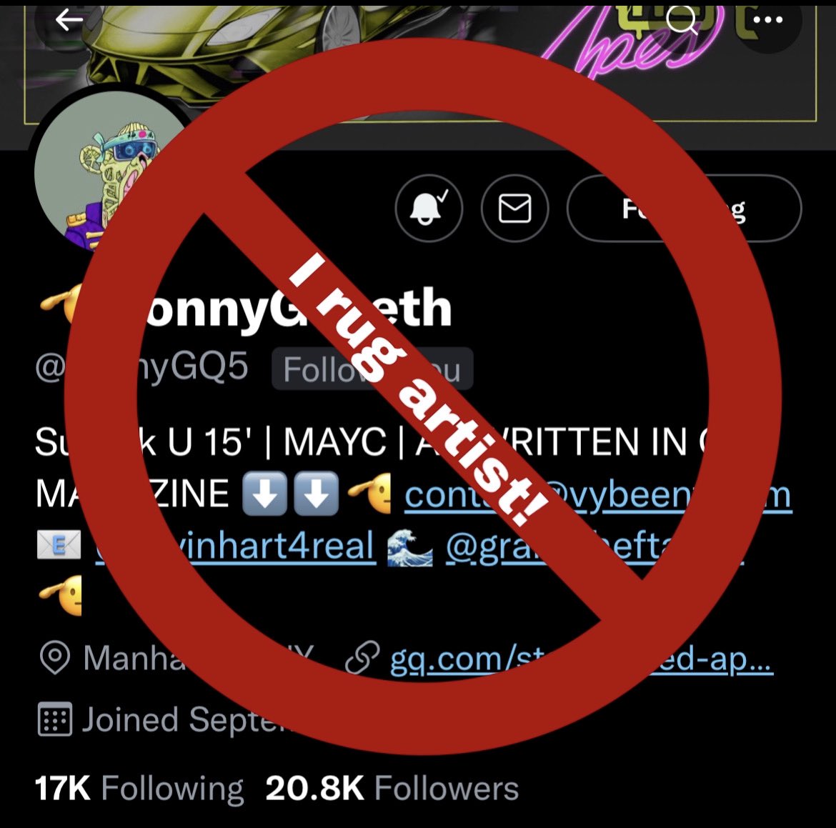 InVainGang's tweet photo. ‼️I rug artist who create‼️

@sonnyGQ5 stole our 💰 don’t be fooled by this 🤡 he’s not a good dude!

#nft #nftartist #NFTCommumity #NFTFam https://t.co/CKIJh59hwB