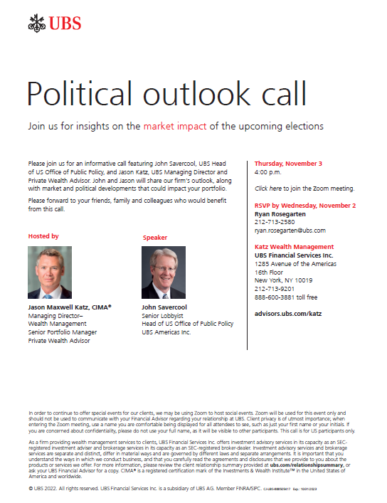JasonKatzUBS's tweet photo. Katz Wealth Management is hosting a client-wide public policy and market update call on Thursday, November 3rd at 4pm EST ahead of the mid-term elections. I will be joined by US Head of Public Policy, John Savercool. 

https://t.co/ezqjPfCpUj https://t.co/5aKz1jHf3a