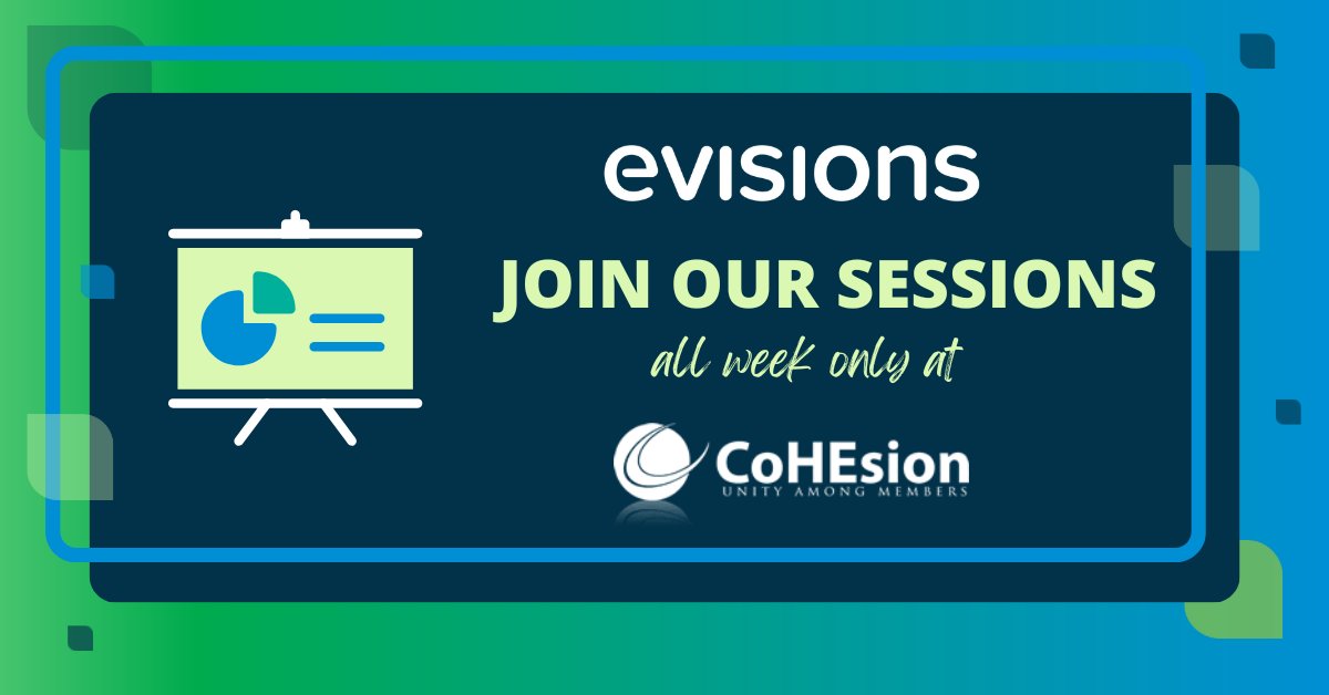 EvisionsInc's tweet photo. Are you attending @CoHEsionCentral Summit this week?! #Evisions will be presenting 12 sessions occurring throughout the entire week. Grab a seat and join us in session, or stop by our booth and say hello! #highereducation #highered https://t.co/a6J3X3qpPA