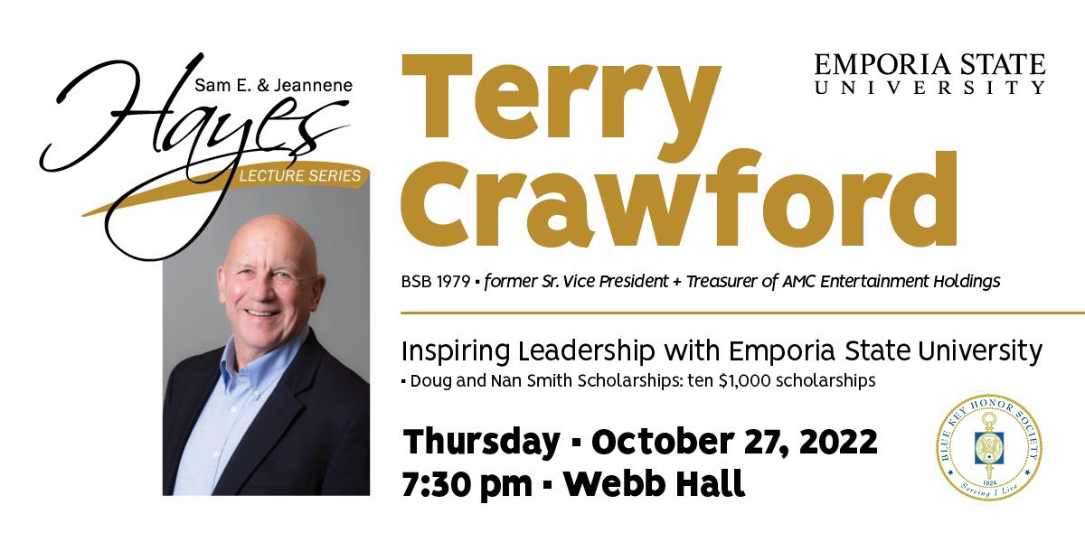 This years Hayes Lecture will be held Thursday October 27th at 7:30pm in Webb Hall!

Come join us with special guest Terry Crawford!

Also those you attend have an opportunity to receive one of 10, $1,000 scholarships!