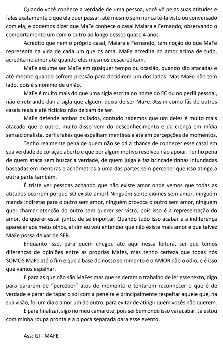 Bom já que todo mundo pode postar o que pensa, aí vai a MINHA visão do que é SER MaFe... a quem interessar possa, esta é a verdade que eu defenderei sempre! Acredito sim no amor de Maiara e Fernando Zor 🐦❤️🐦