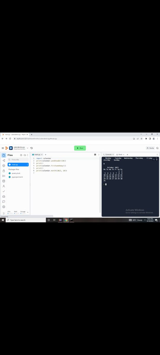ItsShashikant17's tweet photo. Day 3 of #100DaysOfCode #100daysofcoding learnt about Calendar module in python and practiced different kinds of programs in it . https://t.co/T7V9Mjc76U